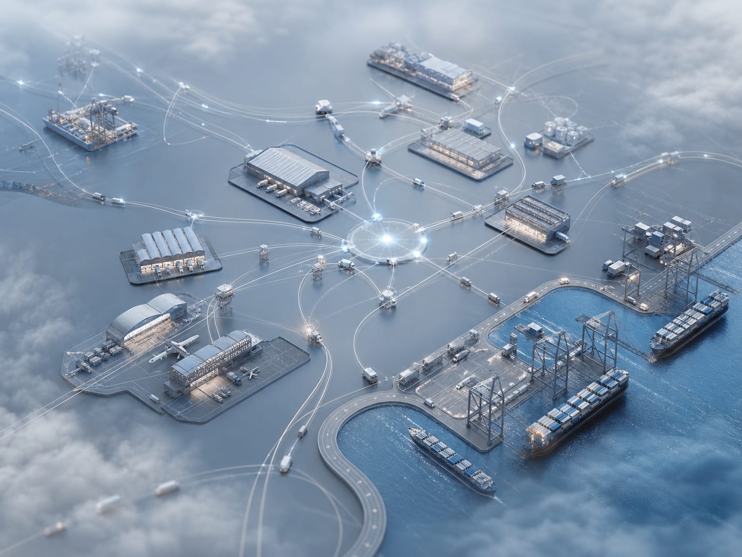 A connected supply-chain network spanning logistics hubs, factories, warehouses and ports