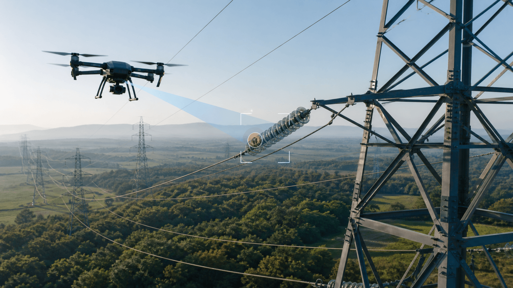 An inspection drone using computer vision to examine insulators on a high-voltage transmission tower