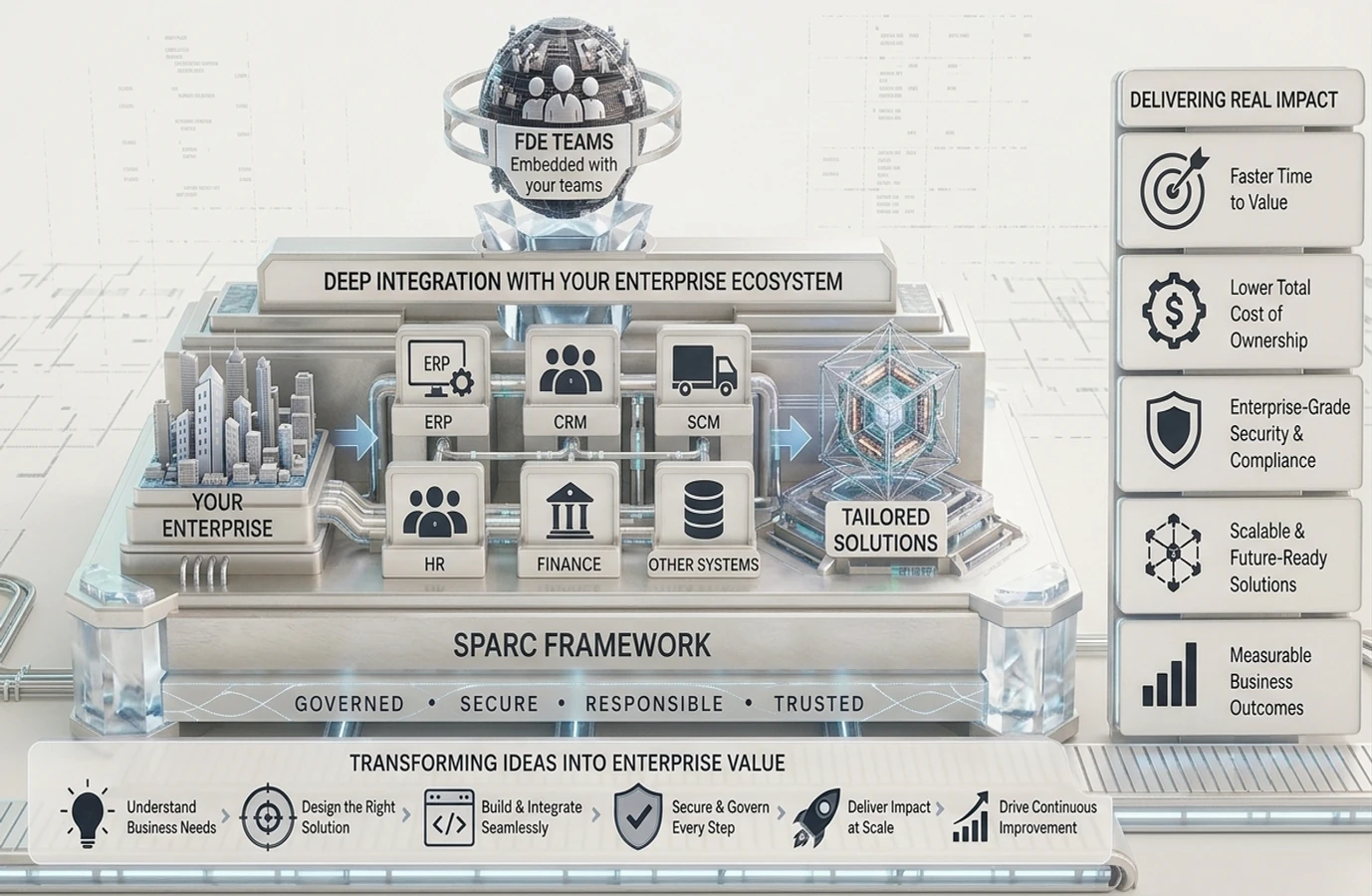 Forward Deployed Engineering teams integrating ERP, CRM, supply chain, HR, finance and other enterprise systems through the governed SPARC framework to deliver tailored solutions and measurable outcomes