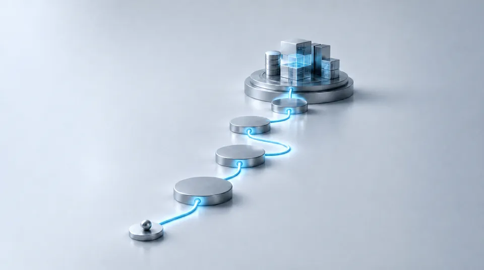 A connected pathway moving from an initial opportunity to a defined solution plan