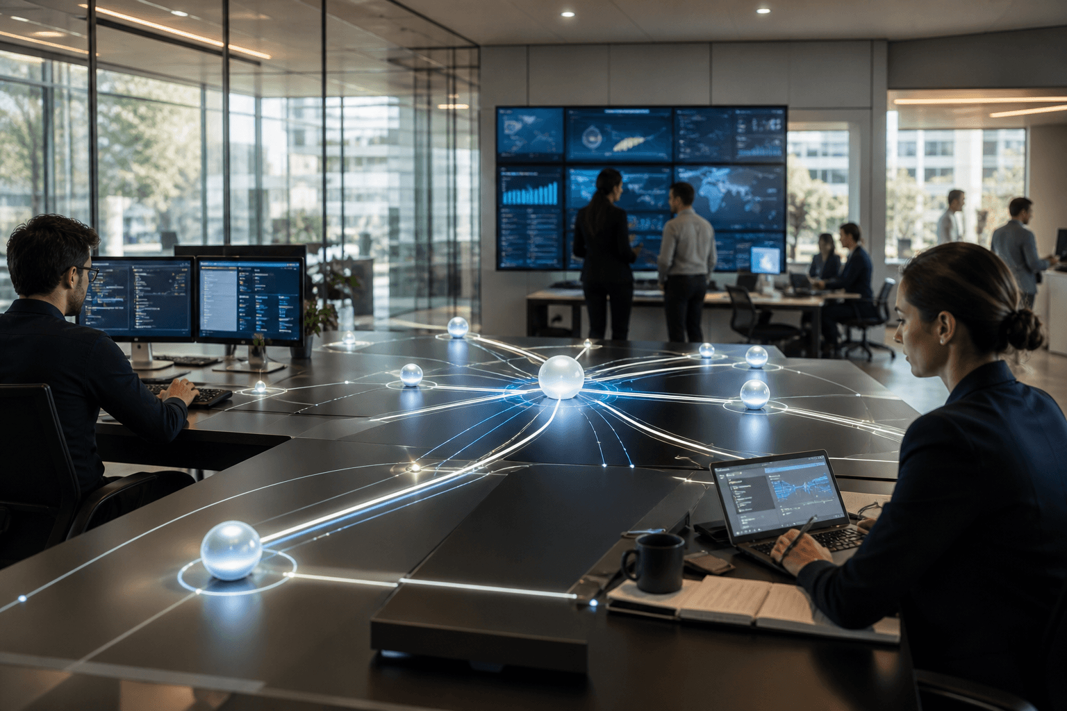 Enterprise teams supervising an intelligent orchestration network across connected systems