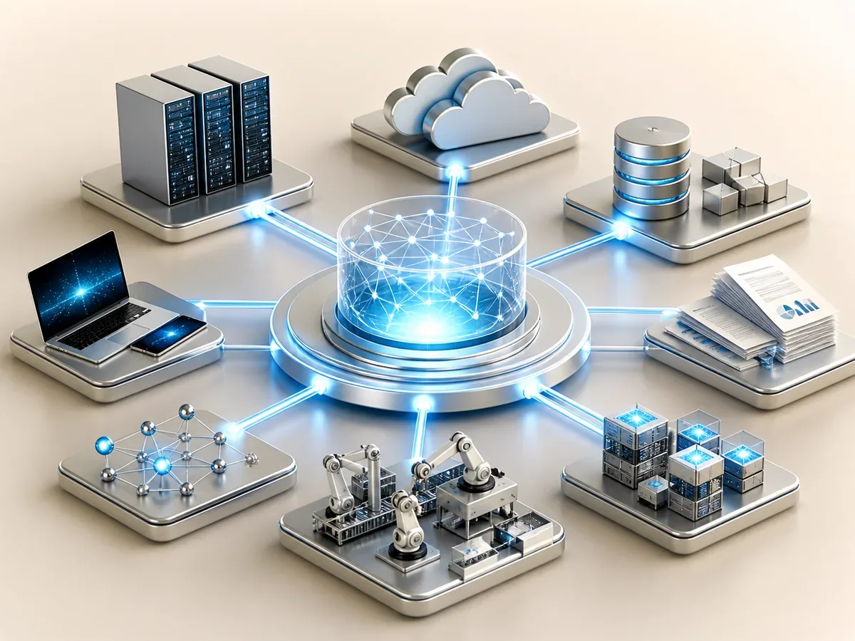 Enterprise systems, cloud platforms, data, documents and connected assets converging into one governed context layer
