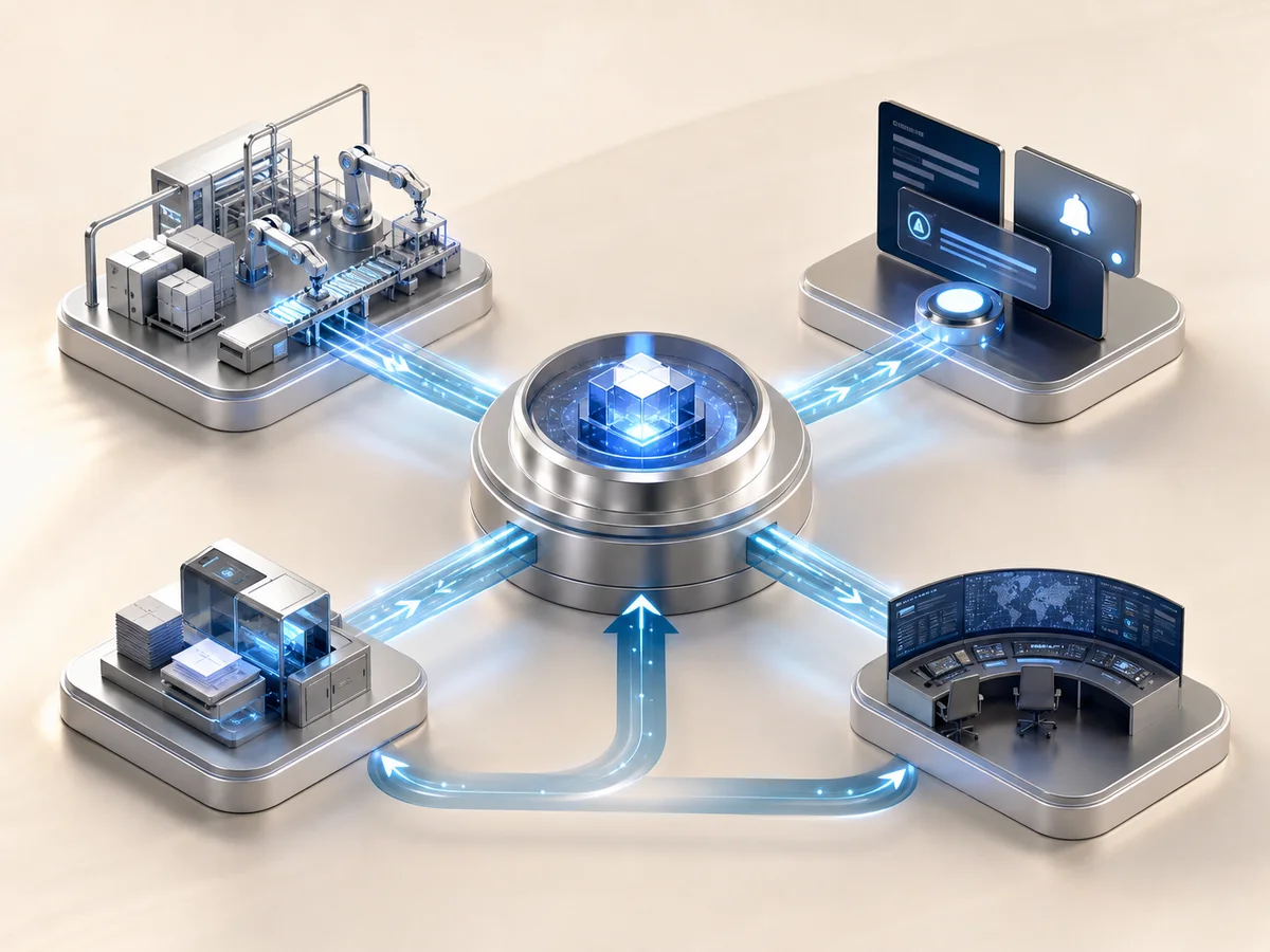 An intelligent decision hub coordinating factory actions, alerts, workflows and command centers
